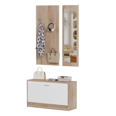 Mobilier pentru hol - ENTRYWAY SET WITH MIRROR VERN HM2476.04 MELAMINE IN SONAMA-WHITE 80x27x175Hcm.
