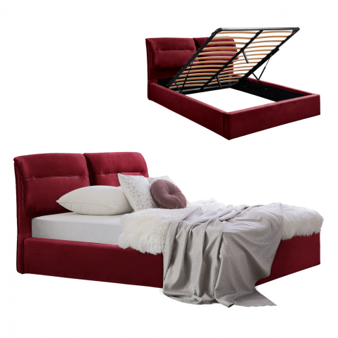 Paturi - HM565.06 Bed KENDRA, Velvet Red Burgundy, Storage Space, 160x200