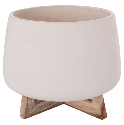 Ghivece de flori - INDOOR POT FRELLO HM4674.02L FIBER CEMENT IN WHITE--TEAK STAND 29x29x23.5Hcm.