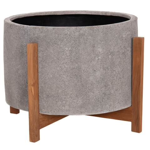 Ghivece de flori - INDOOR POT HOFF HM4682.03L FIBER CEMENT IN GREY--TEAK BASE Φ50x35Hcm