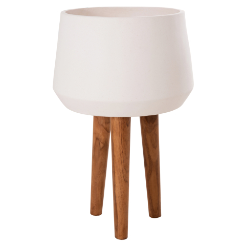 Ghivece de flori - INDOOR POT QUAN HM4680.02L FIBER CEMENT IN WHITE--TEAK BASE Φ40x85Hcm