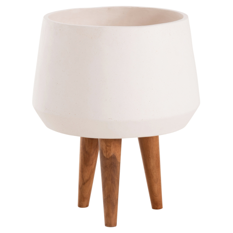 Ghivece de flori - INDOOR POT QUAN HM4680.02M FIBER CEMENT IN WHITE--TEAK BASE Φ40x65Hcm