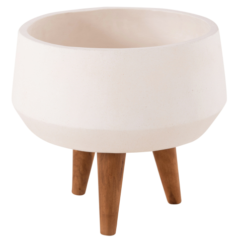 Ghivece de flori - INDOOR POT QUAN HM4680.02S FIBER CEMENT IN WHITE--TEAK BASE Φ37x36Hcm