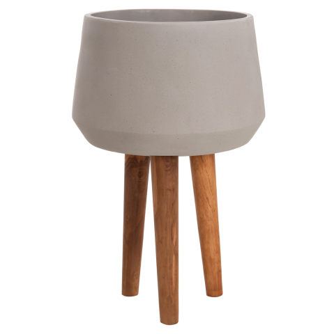 Ghivece de flori - INDOOR POT QUAN HM4680.03L FIBER CEMENT IN GREY--TEAK BASE Φ38x62Hcm