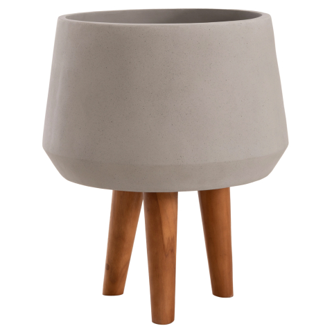 Decoratiuni - INDOOR POT QUAN HM4680.03M FIBER CEMENT IN GREY--TEAK BASE Φ35x50Hcm