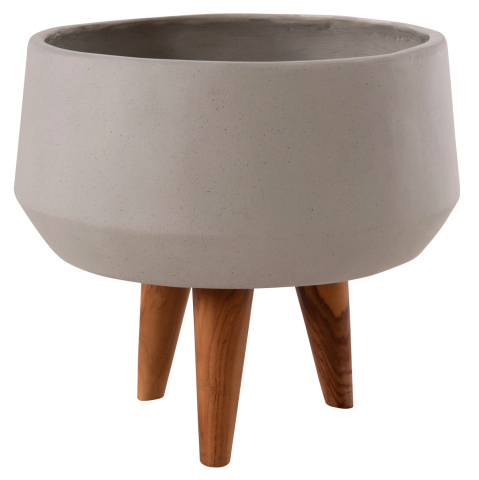Ghivece de flori - INDOOR POT QUAN HM4680.03S FIBER CEMENT IN GREY--TEAK BASE Φ37x36Hcm
