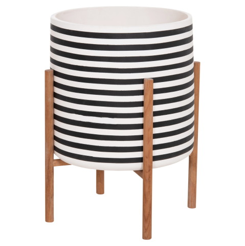 Ghivece de flori - INDOOR POT RENTIL HM4683L FIBER CEMENT IN BLACK/WHITE--TEAK BASE Φ35x45Hcm