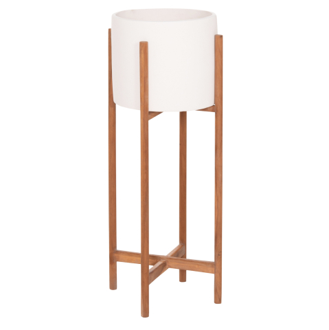 Ghivece de flori - INDOOR POT RENTIL HM4684.02L FIBER CEMENT IN WHITE COLOR--TEAK BASE Φ27x66Hcm