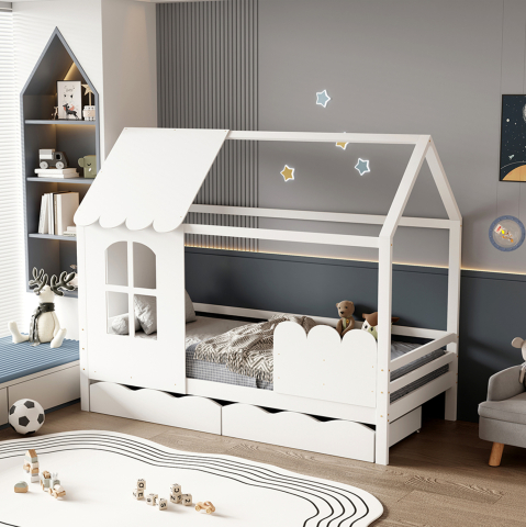 Camera copiilor - KID'S BED t.MONTESSORI WITH 2 DRAWERS DOMER HM710.03 PINE WOOD IN WHITE-MATTRESS 90x190cm.