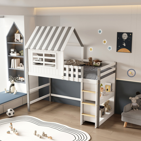 Paturi suprapuse - KID'S BED t.MONTESSORI WITH SHELVES HOMI HM712 PINE WOOD IN WHITE-GREY FOR MATTRERSS 90x190cm.