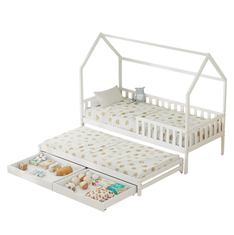 Interior - KID'S BED WITH RETRACTABLE SECOND BED and DRAWERS PHYLLIS HM723.03 PINE WOOD IN WHITE 206x97x166Hcm.