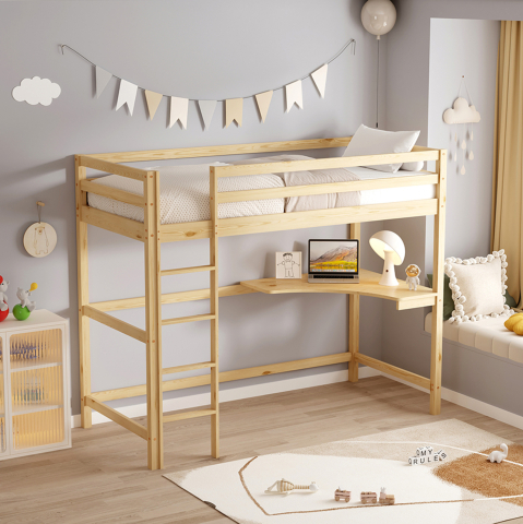 Paturi suprapuse - KID'S BUNK BED WITH DESK AKRON HM702.01 PINE WOOD IN NATURAL FOR MATTRESS 90x190cm.