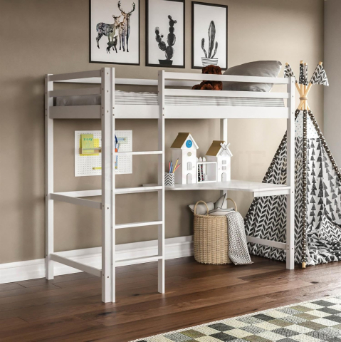 Paturi suprapuse - KID'S BUNK BED WITH DESK AKRON HM702.03 PINE WOOD IN WHITE FOR MATTRESS 90x190cm.