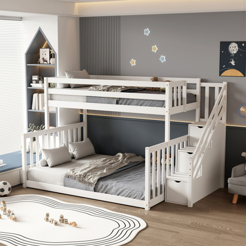 Paturi suprapuse - KID'S BUNKBED t.MONTESSORI BEAMER HM711.03 PINE WOOD IN WHITE-MATTRESSES 90-140x190cm.