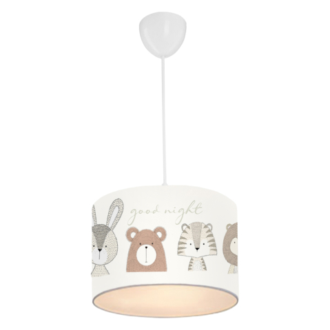Iluminat de tavan - KID'S ROOM CEILING PENDANT LAMP FB97576.01 CYLINDRICAL CAP FABRIC WHITE WITH CUTE ANIMAL FIGURES Φ24x70cm