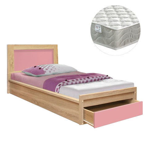 Seturi paturi cu saltele - KIDS' BED WITH DRAWER PLAYROOM HM21326.01 MELAMINE IN SONAMA/PINK--WITH MATTRESS 90x190cm