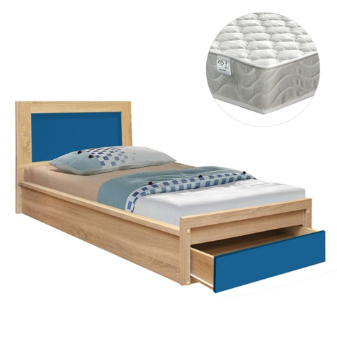 Seturi paturi cu saltele - KIDS' BED WITH DRAWER PLAYROOM HM21326 MELAMINE IN SONAMA/BLUE--WITH MATTRESS 90x190cm