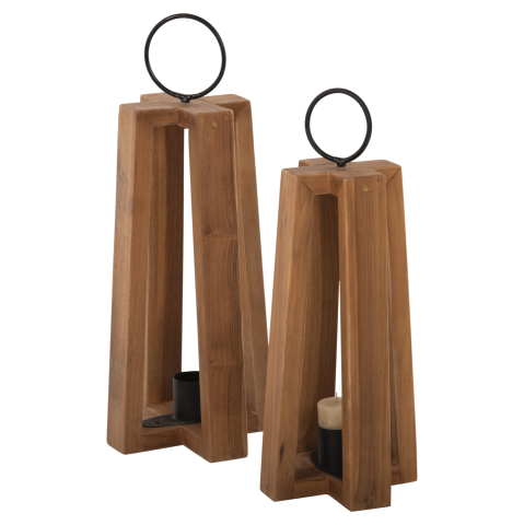 Decoratiuni pentru masa - LANTERNS FOR CANDLES WITH RING HANDLES HM4276 TEAK WOOD IN NATURAL 24x24x50-61H cm.