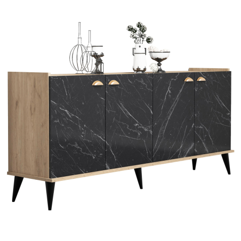 Bufete - MELAMINE BUFFET HM9045.01 NATURAL WOOD SHADE - BLACK MARBLE LOOK 180x41x77,8Y cm.