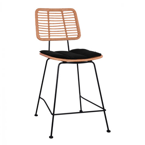 Taburete - Metal Stool with pillow Allegra HM5644 with wicker in beige color 55x56x107 εκ.