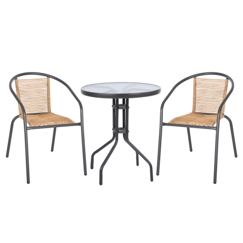 Seturi mese dining - OUTDOOR 3PCS DINING SET LIMA HM10879.02 METAL IN GREY and P.E.RATTAN IN NATURAL (ROUND)
