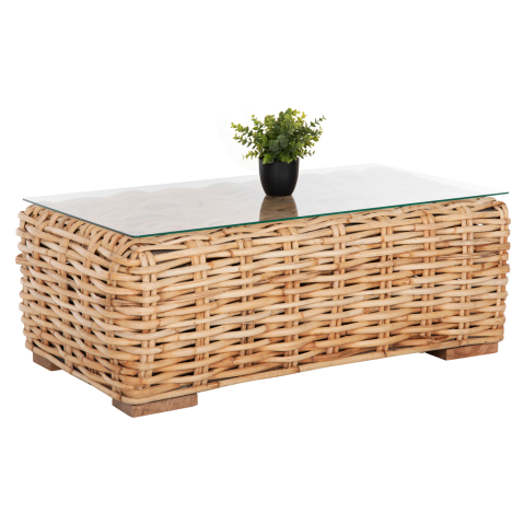 Mese - OUTDOOR COFFEE TABLE TROPEL HM9811 MANGO WOOD-NATURAL RATTAN-SAFETY GLASS 110x60x40Hcm.