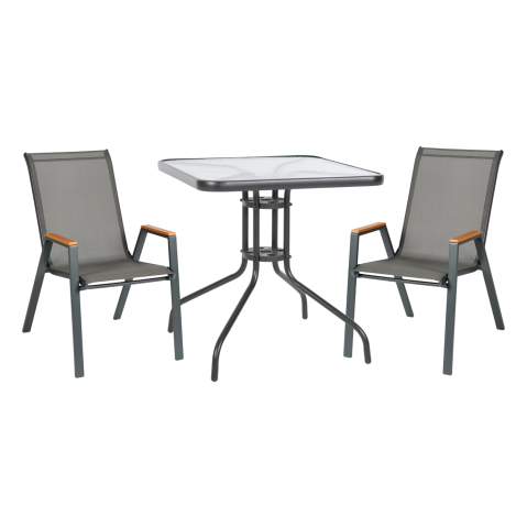 Seturi mese dining - OUTDOOR DINING SET 3PCS FIGO HM10730.01-- 2 METAL CHAIRS and SQUARE TABLE 70x70cm GREY
