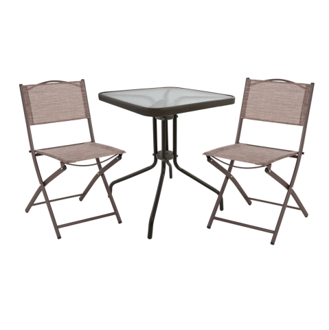 Seturi mese dining - OUTDOOR DINING SET 3PCS FIGO HM21036 METAL TABLE and 2 FOLDABLE CHAIRS-BROWN