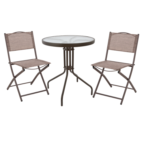 Seturi mese dining - OUTDOOR DINING SET 3PCS LIMA HM21038.02 METAL ROUND TABLE and 2 FOLDABLE CHAIRS-BROWN