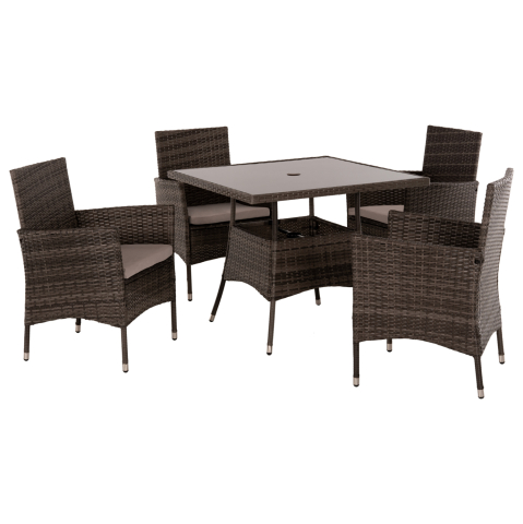 Seturi mese dining - OUTDOOR DINING SET 5PCS HM5965 BROWN RATTAN-METAL FRAME-GLASS TABLETOP