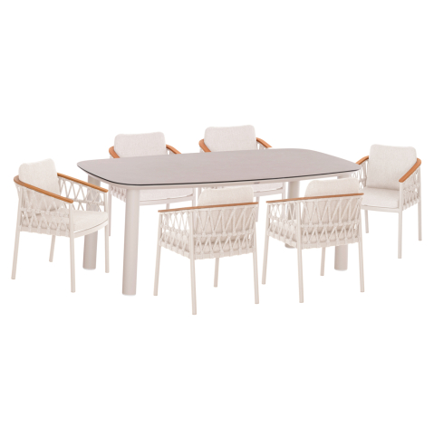 Seturi mese dining - OUTDOOR DINING SET 7PCS DOSUN HM10910.02 CREAM WHITE ALUMINUM--ROPE and OLEFIN CUSHIONS IN BEIGE