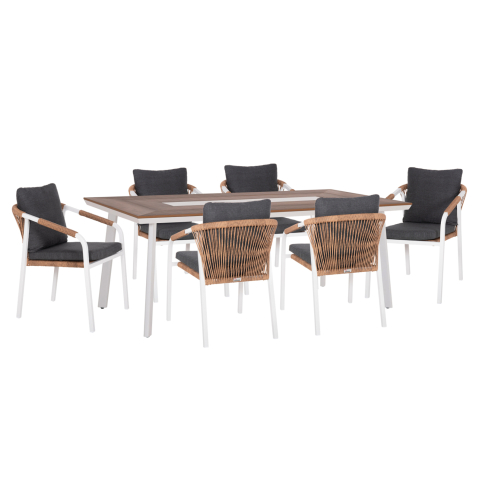 Seturi mese dining - OUTDOOR DINING SET 7PCS MAERLY HM10826.01 ALUMINUM IN WHITE--POLYWOOD--GREY CUSHIONS