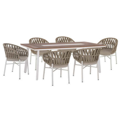 Seturi mese dining - OUTDOOR DINING SET 7PCS TABER HM10829.02 ALUMINUM IN WHITE--POLYWOOD--P.E.ROPE BEIGE
