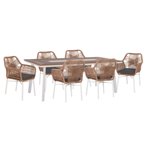 Seturi mese dining - OUTDOOR DINING SET 7PCS TOPIN HM10825.01 ALUMINUM IN WHITE--POLYWOOD--P.E.RATTAN