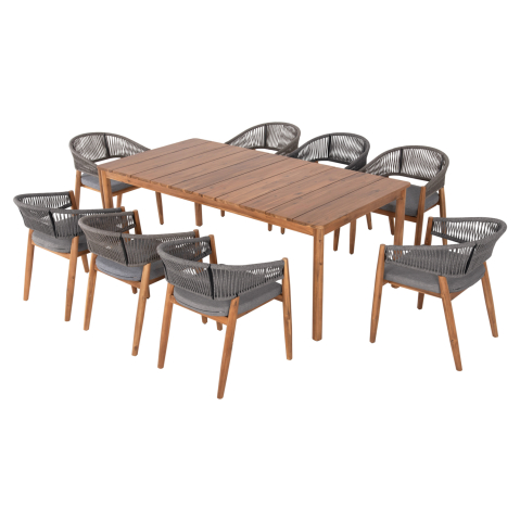 Seturi mese dining - OUTDOOR DINING SET 9PCS NAVANT HM21066.01 TABLE WITH 8 DINING CHAIRS-ACACIA WOOD-ROPE IN GREY