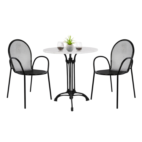 Seturi mese dining - OUTDOOR DINING SET HM11881 3PCS ROUND TABLE WITH WHITE MARBLE-BLACK METAL ARMCHAIRS