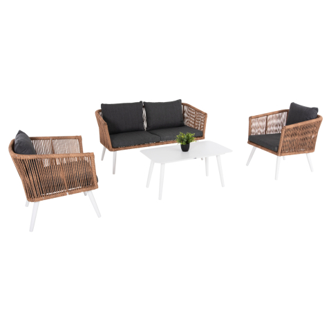 Seturi canapea - OUTDOOR LOUNGE 4PCS SET FREJA HM6057.01 ALUMINUM IN WHITE-PE RATTAN IN BEIGE-ANTHRACITE CUSHIONS