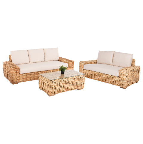 Seturi canapea - OUTDOOR LOUNGE SET 3PCS TROPEL HM11941 NATURAL RATTAN-WHITE CUSHIONS