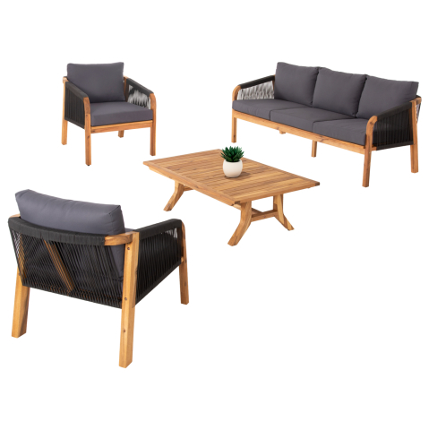 Seturi canapea - OUTDOOR LOUNGE SET 4PCS ROSSWELL HM6084.01 ACACIA WOOD-ROUND ROPE and CUSHIONS IN ANTHRACITE