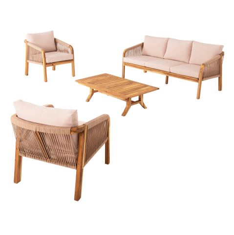 Seturi canapea - OUTDOOR LOUNGE SET 4PCS ROSSWELL HM6084.02 ACACIA WOOD-ROUND ROPE-BEIGE CUSHIONS