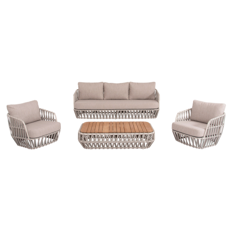 Seturi canapea - OUTDOOR LOUNGE SET 4PCS SABO HM6208.02 CREAM WHITE ALUMINUM-BEIGE P.E.ROPE and OLEFIN FABRIC-TEAK WOOD IN NATURAL