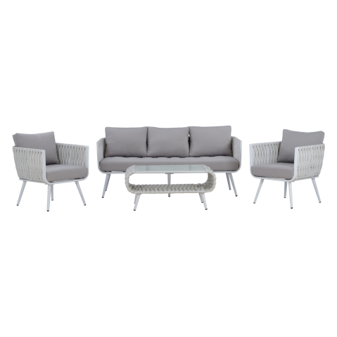 Seturi canapea - OUTDOOR LOUNGE SET 4PCS VARNAMO HM5282.12 ALUMINUM IN WHITE-STRAP ROPE IN GREY-TEMPERED GLASS
