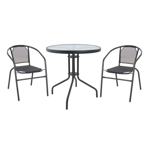 Seturi mese dining - OUTDOOR SET 3PCS HM10711 GREY METAL-SAFETY GLASS-GREY TEXTILENE