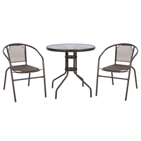 Seturi mese dining - OUTDOOR SET 3PCS HM10712 BROWN METAL-SAFETY GLASS-BROWN TEXTILENE