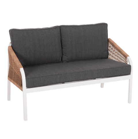 Canapele - OUTDOOR SOFA 2-SEATER MAERLY HM6116.01 ALUMINUM IN WHITE-DARK BEIGE SYNTHETIC ROPE-ANTHRACITE CUSHIONS