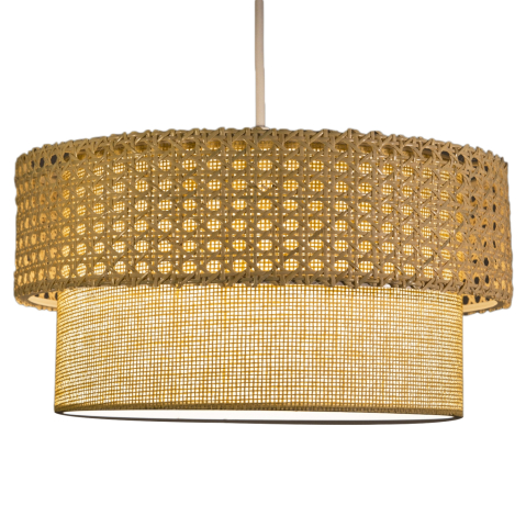 Iluminat - PENDANT CEILING LAMP HM7629.01 TWO-LAYER DRUM-RATTAN AND FABRIC, METAL FRAME