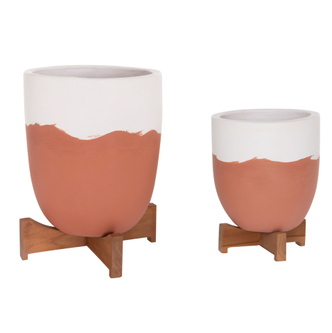 Ghivece de flori - PLANTERS (POTS) 2PCS SET SEON HM4686.08 TERRACOTTA IN WHITE and TERRACOTTA--TEAK STANDS
