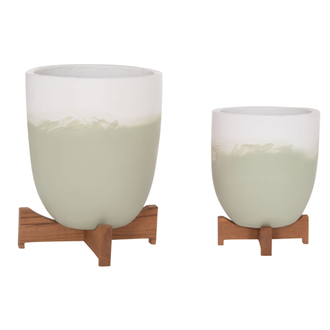 Ghivece de flori - PLANTERS (POTS) 2PCS SET SEON HM4686.09 TERRACOTTA IN WHITE and GREEN--TEAK STANDS