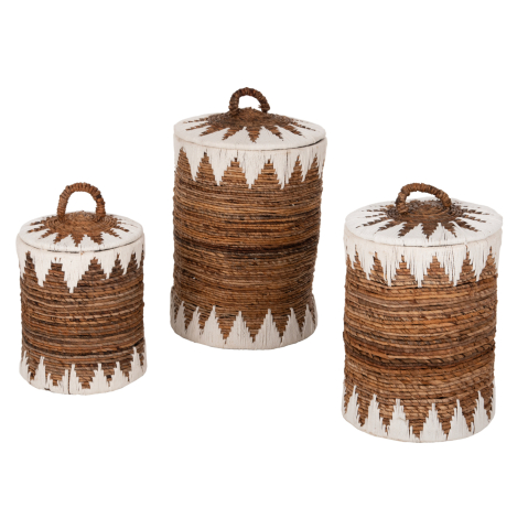 Decoratiuni de podea - ROUND BASKETS WITH LID 3PCS HM4306 RUSH IN NATURAL-WHITE Φ42x63Hcm.