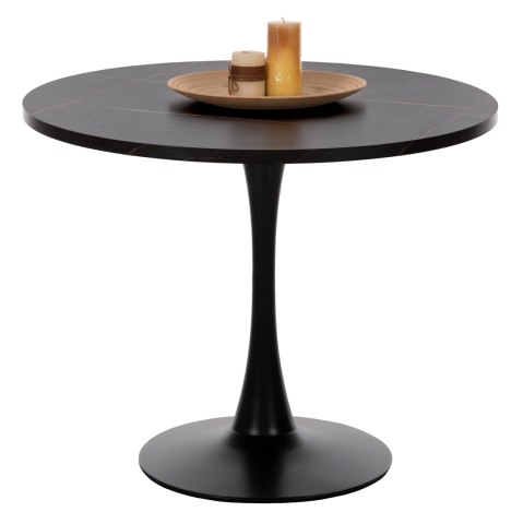 Interior - ROUND DINING TABLE ROLLO HM9421.12 MELAMINE IN BLACK MARBLE METAL LEG Φ90x74Hcm.